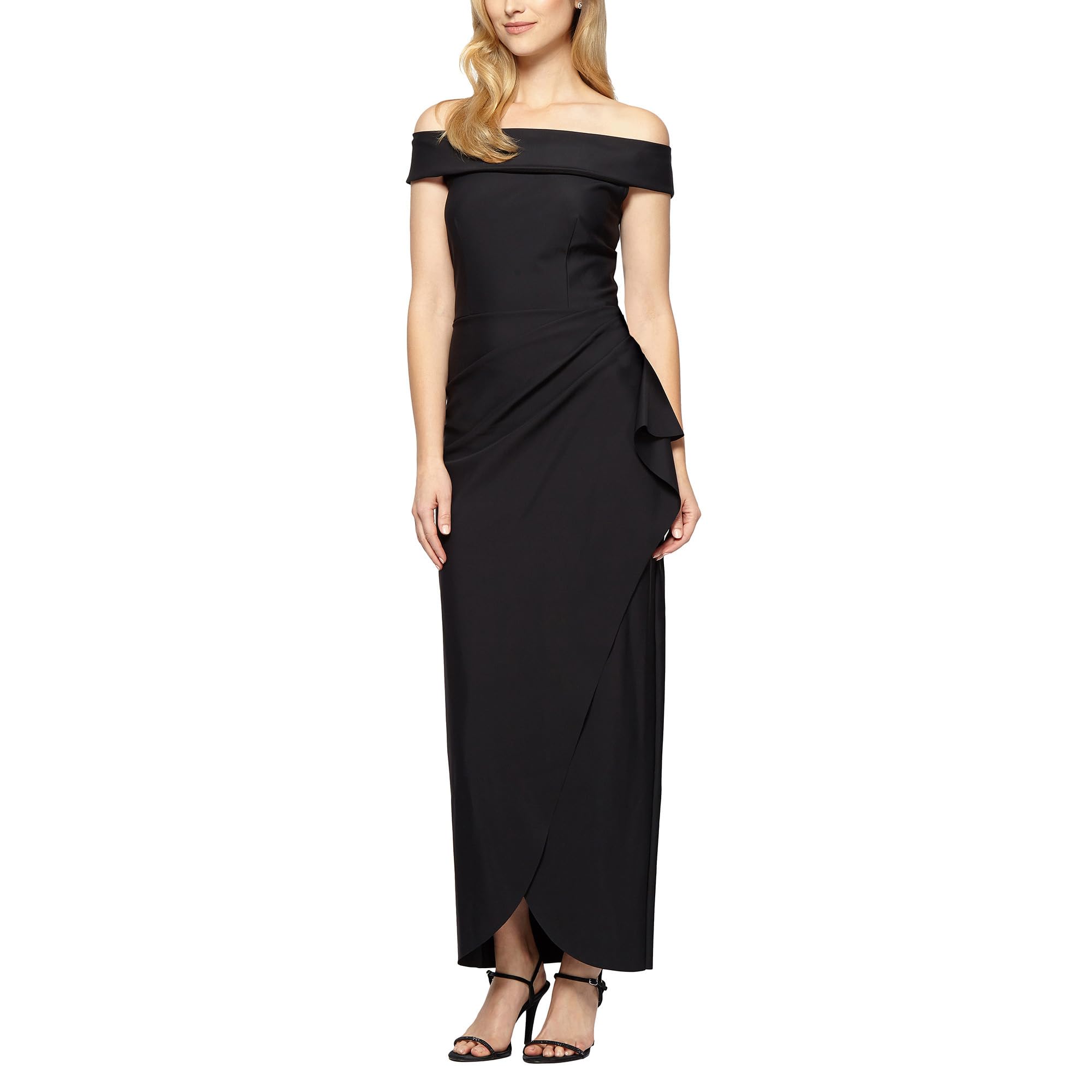 Alex Evenings Long Stretch Scuba Off The Shoulder Dress with Cascade Ruffle (Womens, Black, 12)